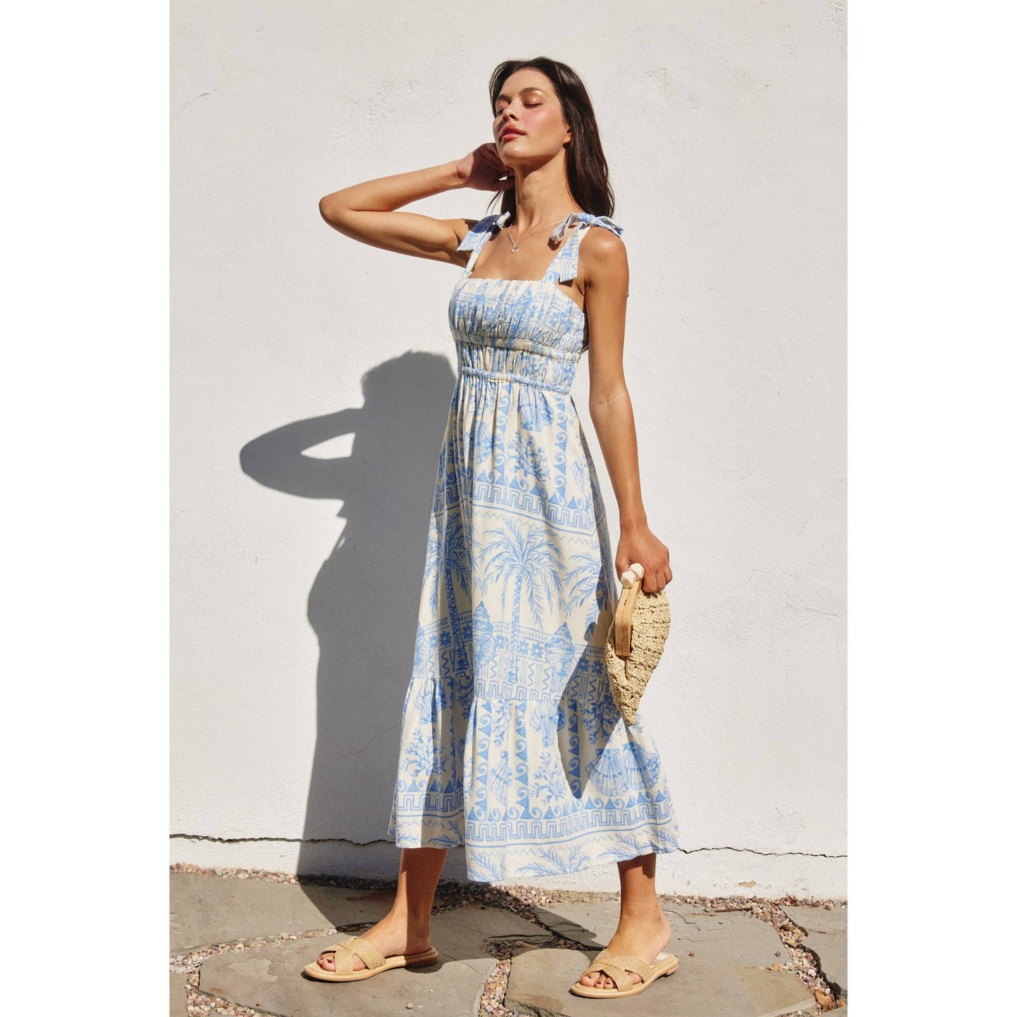 Seascape Shirred Fit And Flare Midi Dress