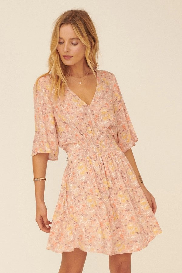 Floral V-Neck Short Sleeve Mini Dress- Final Sale