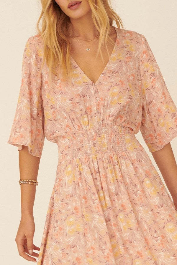 Floral V-Neck Short Sleeve Mini Dress- Final Sale