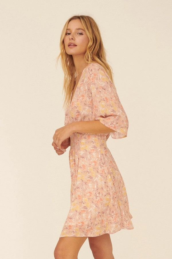 Floral V-Neck Short Sleeve Mini Dress- Final Sale
