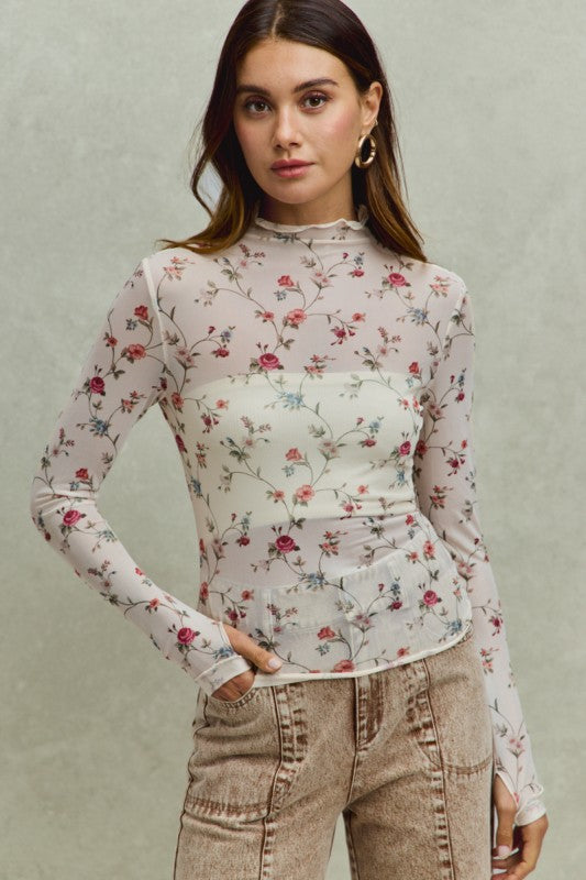 Nicole Sheer Floral Long Sleeve Top