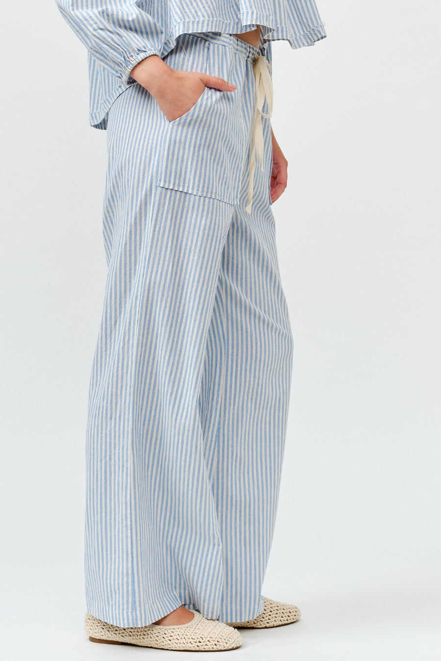 Mari Light Blue Tie Front Stripe Pants