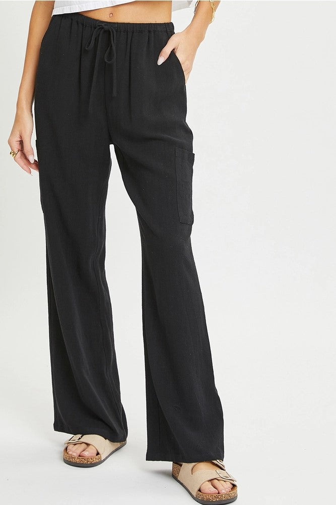 Linen Blend Drawstring Pants Black
