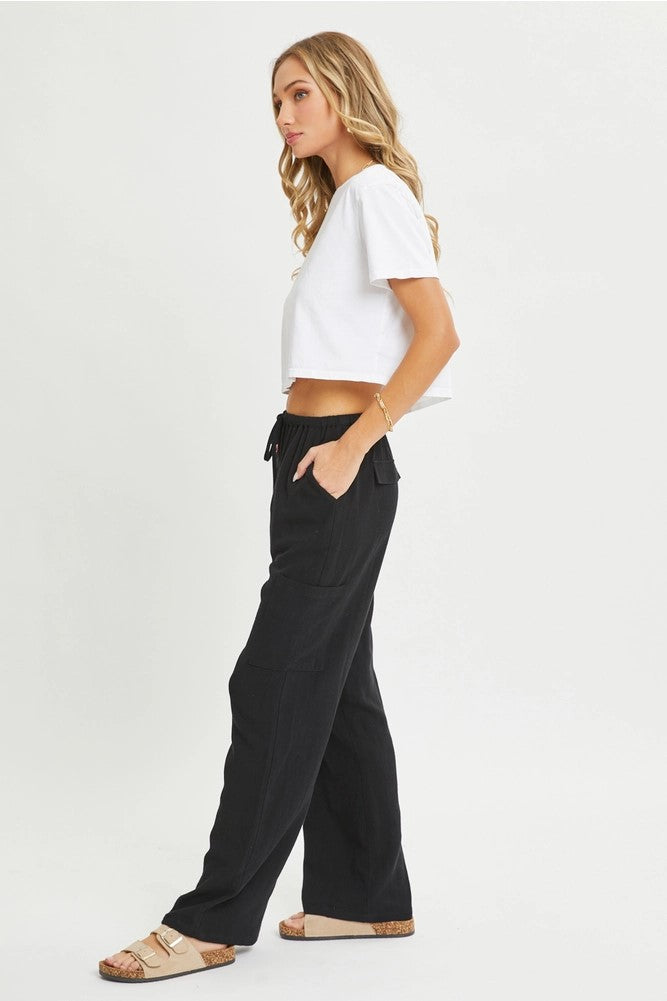 Linen Blend Drawstring Pants Black