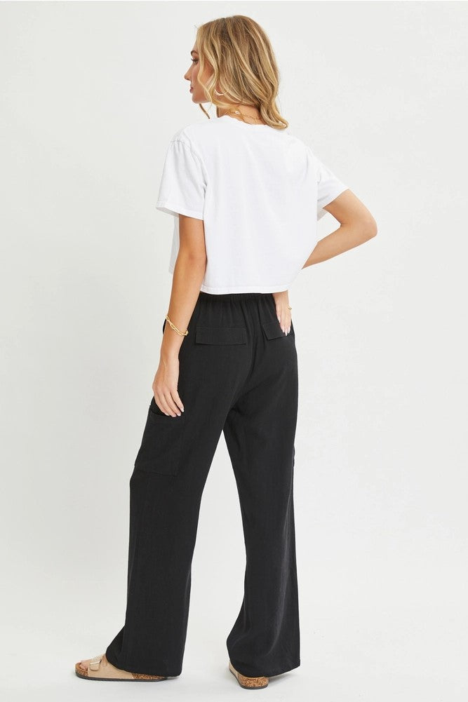 Linen Blend Drawstring Pants Black