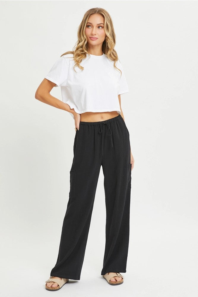 Linen Blend Drawstring Pants Black