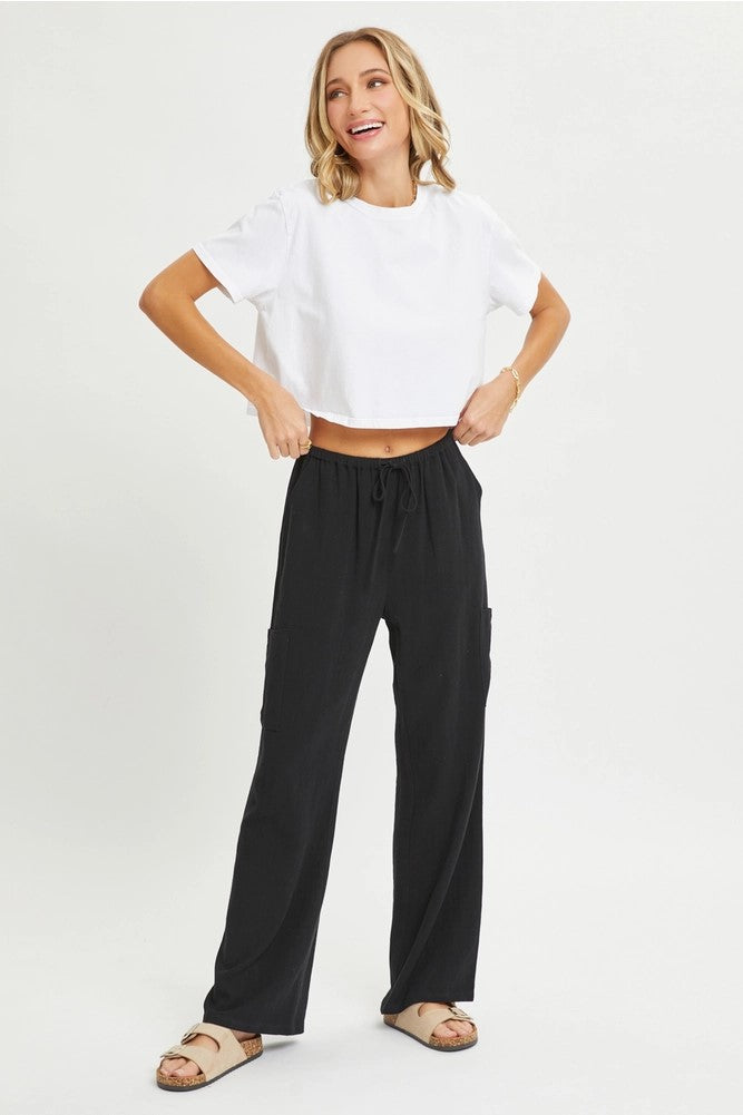 Linen Blend Drawstring Pants Black