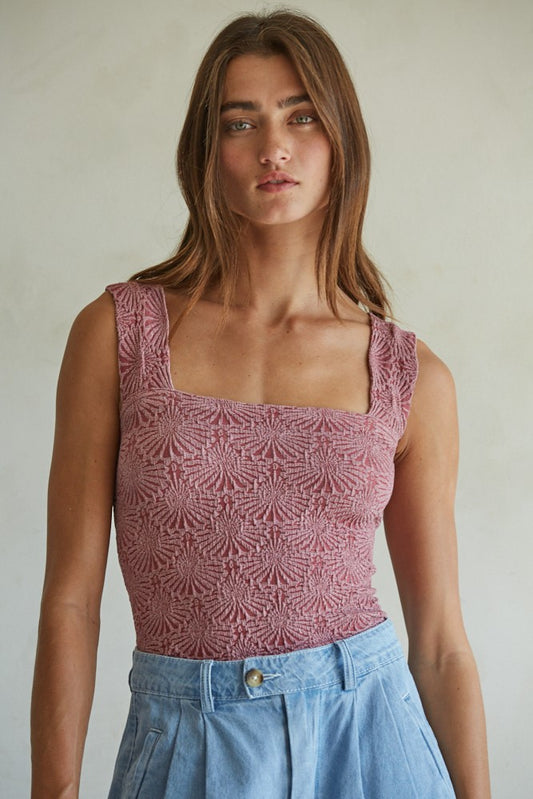 Melanie Merlot Square Neck Floral Jacquard Tank