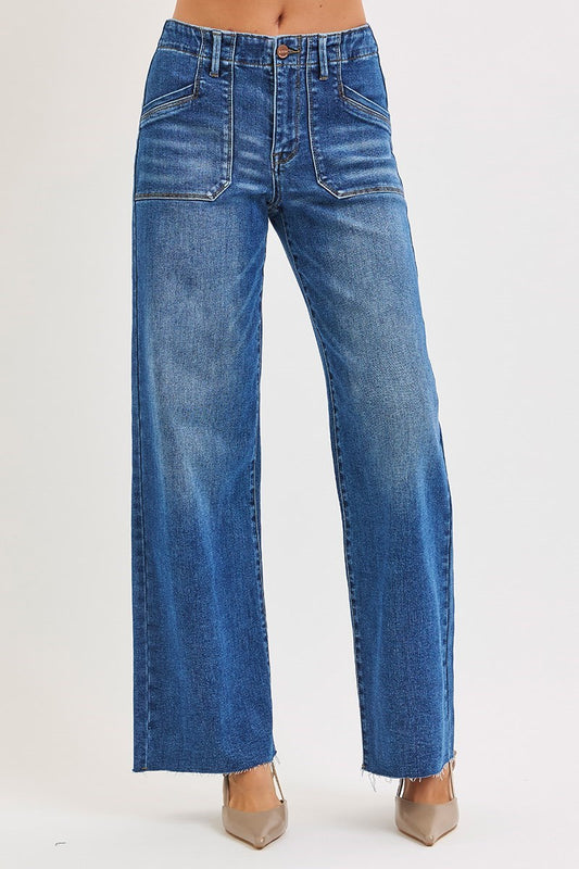 Risen Wide Leg Patch Pocket Jeans