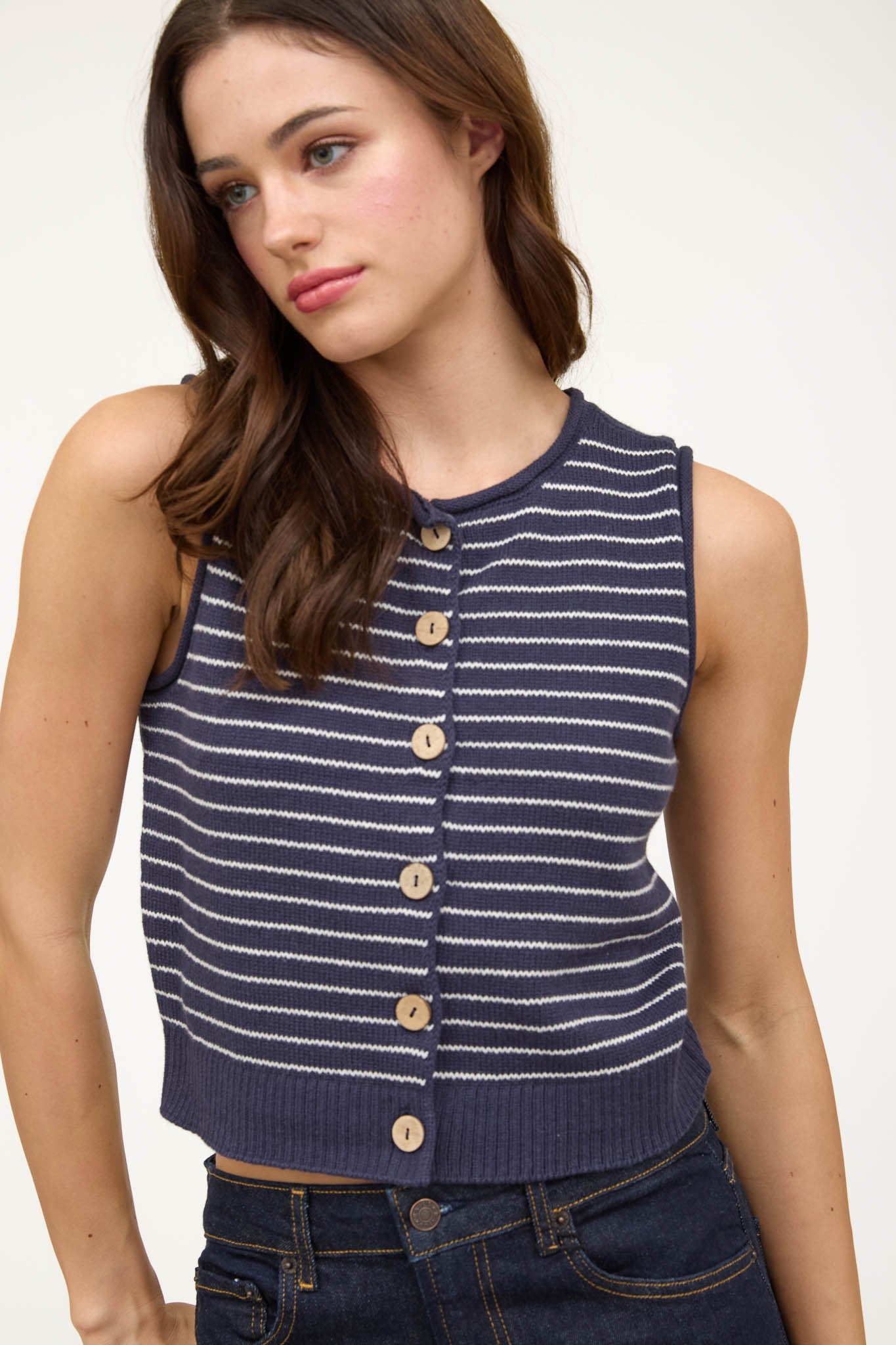 Nadine Navy Stripe Button Front Sweater Vest