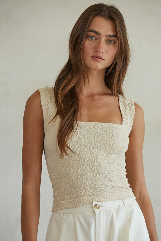 Melanie Natural Square Neck Floral Jacquard Tank