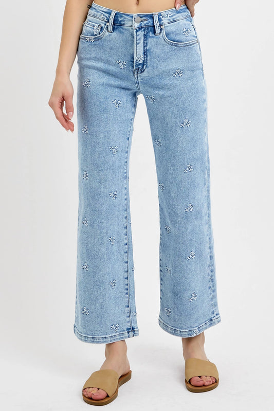Risen Flower Embroidered Jeans