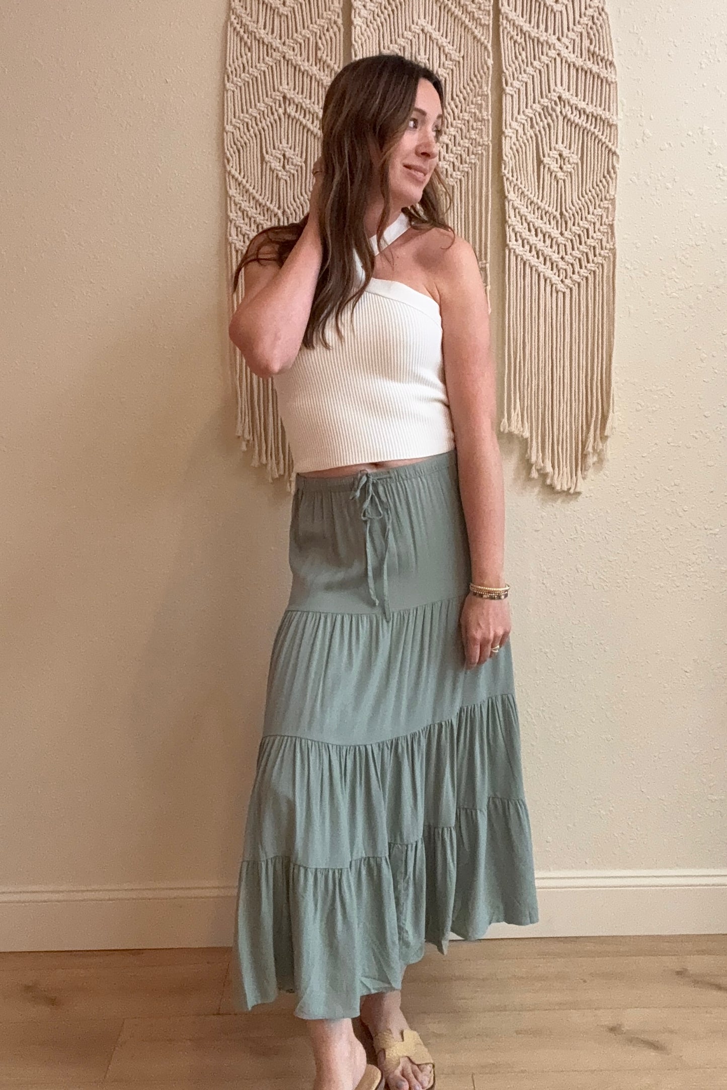 Mariah Sage Green Tiered Maxi Skirt