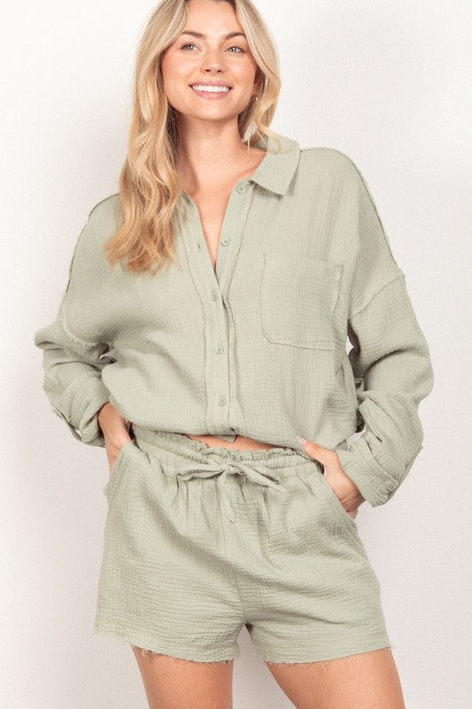 Sage Green Cotton Gauze Woven Shorts