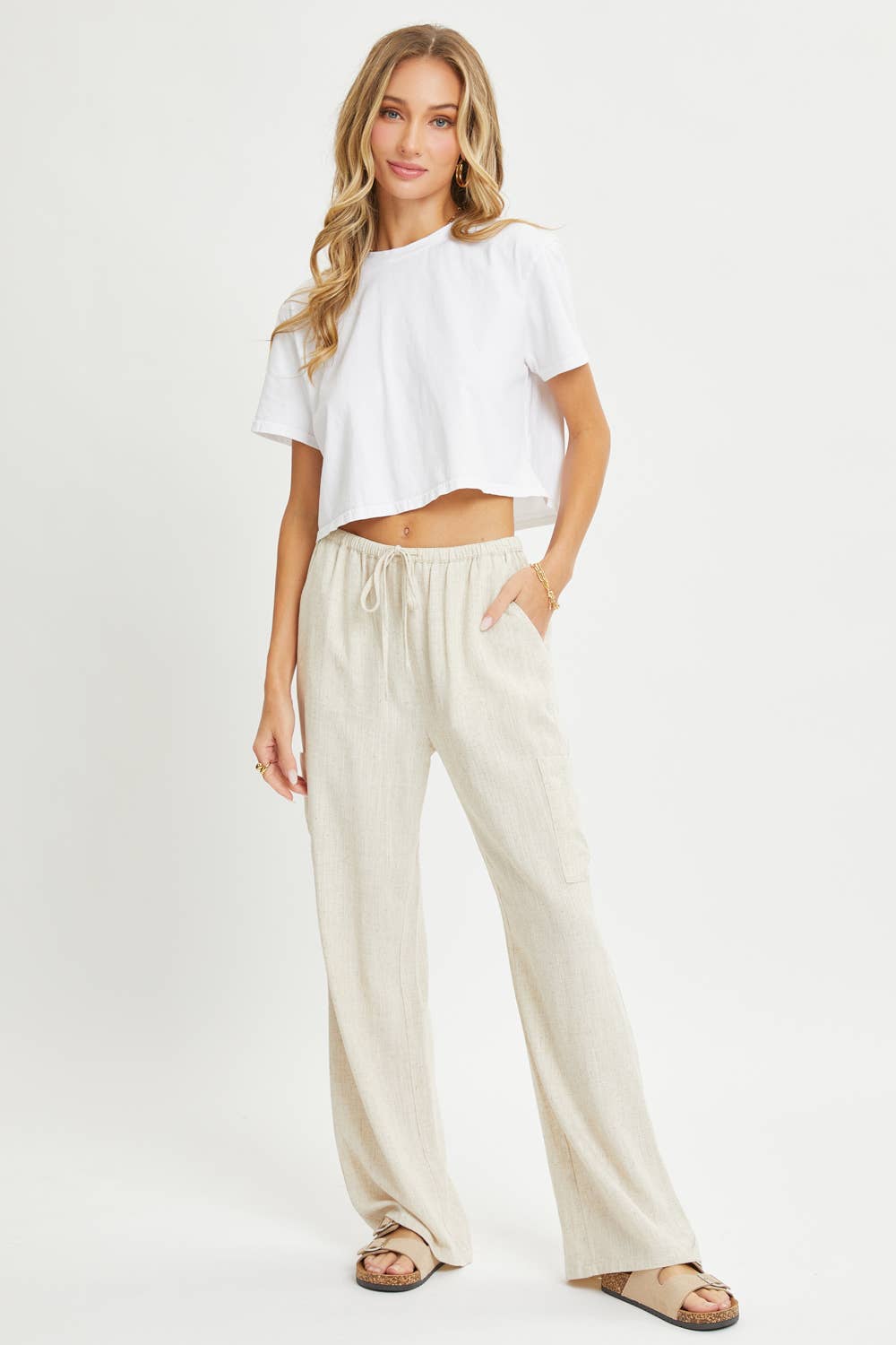 Linen Blend Drawstring Pants Oatmeal